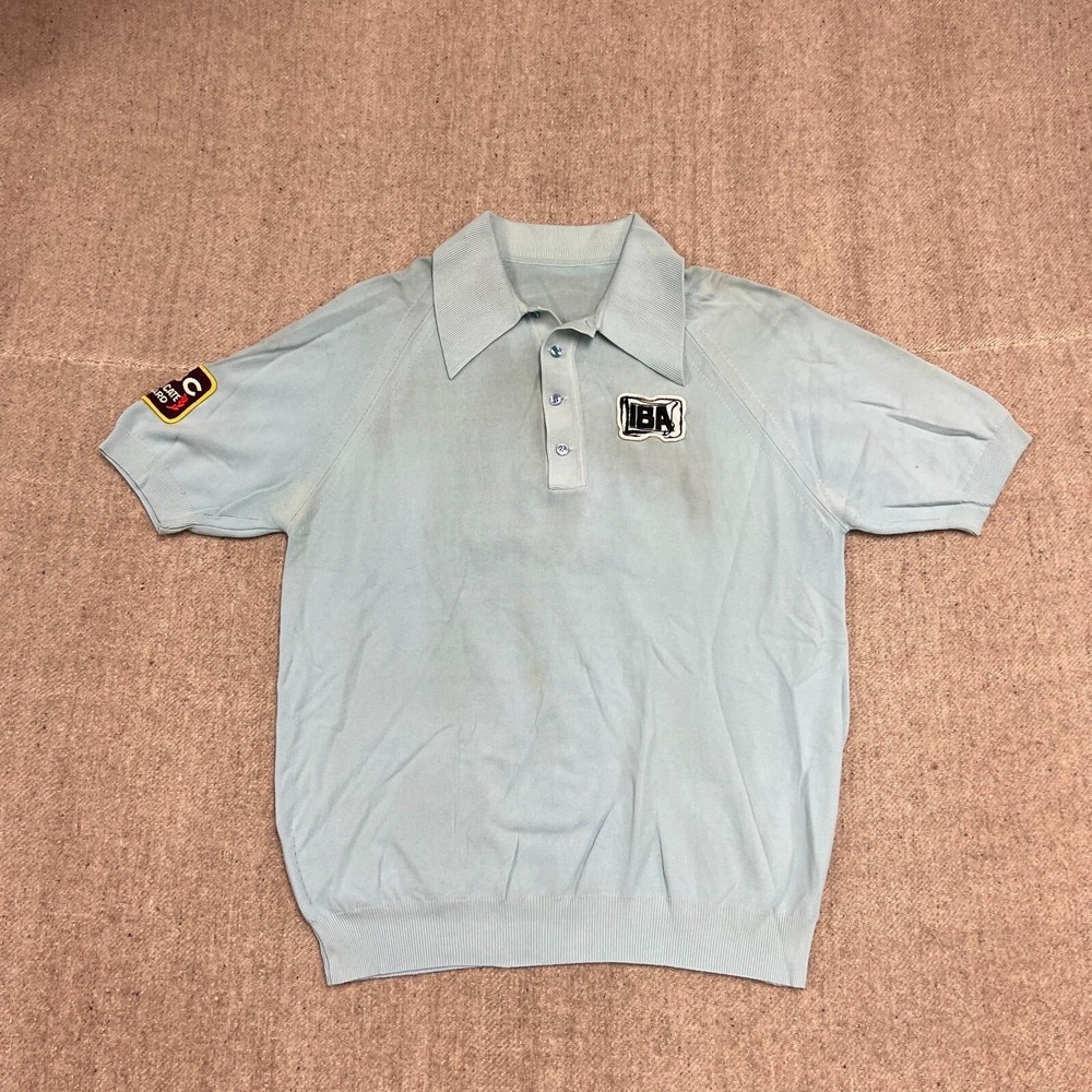 Vintage Bowling Shirt Mens Medium Blue 1970s Chain Stitch Polo Collared